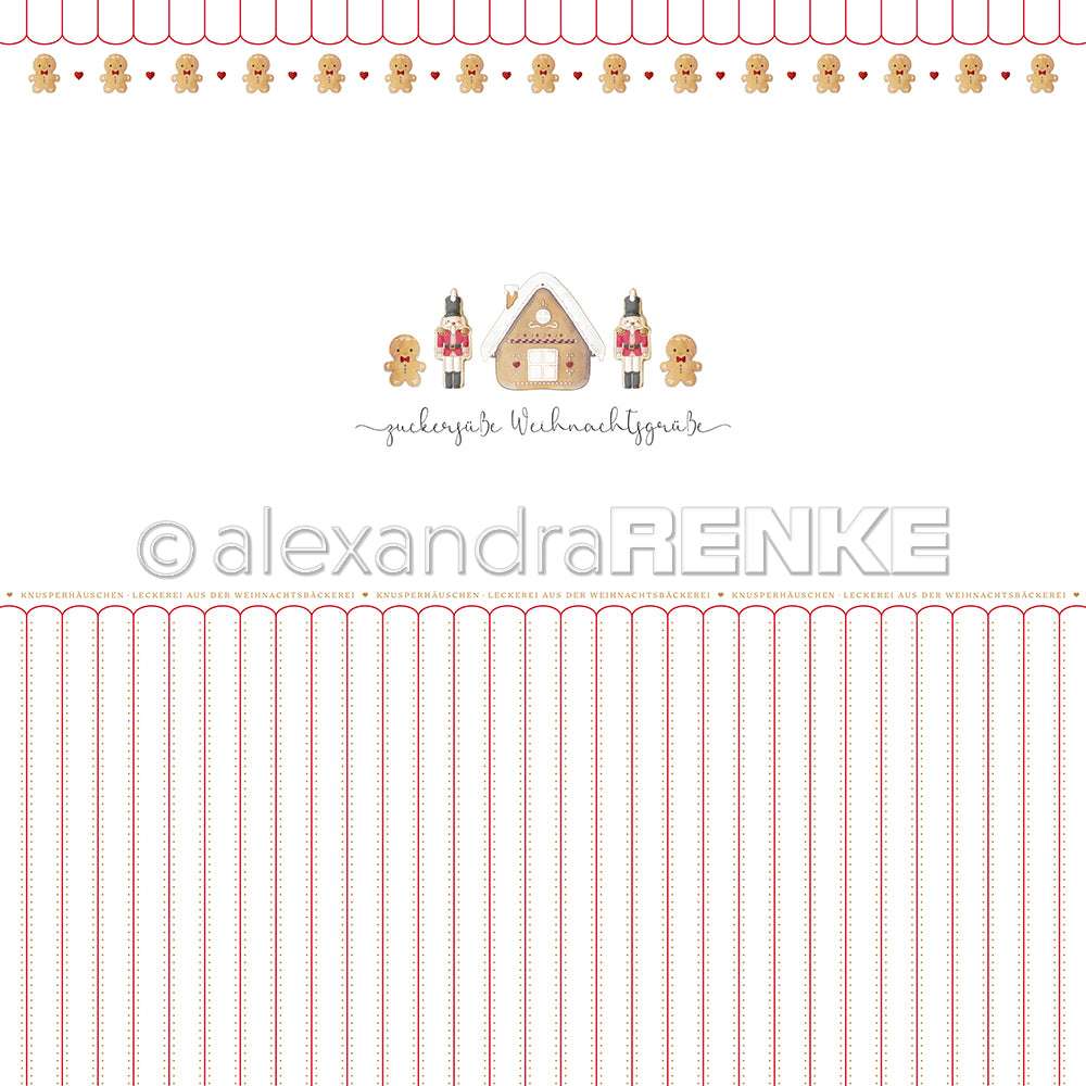 Skurriles Weihnachtsdesign von Alexandra Renke mit einem Lebkuchenhaus, Nussknackern und Lebkuchenmännern auf weißem und gestreiftem Hintergrund mit rotem Rand - perfekt für festliche Papierprojekte.