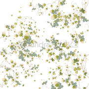 Grünes und gelbes botanisches Muster mit Ranken, Blättern und Samenkapseln auf Weiß - perfekt für Papierprojekte oder um Ihrer Buchbinderei einen natürlichen Touch zu verleihen. Von Alexandra Renke.