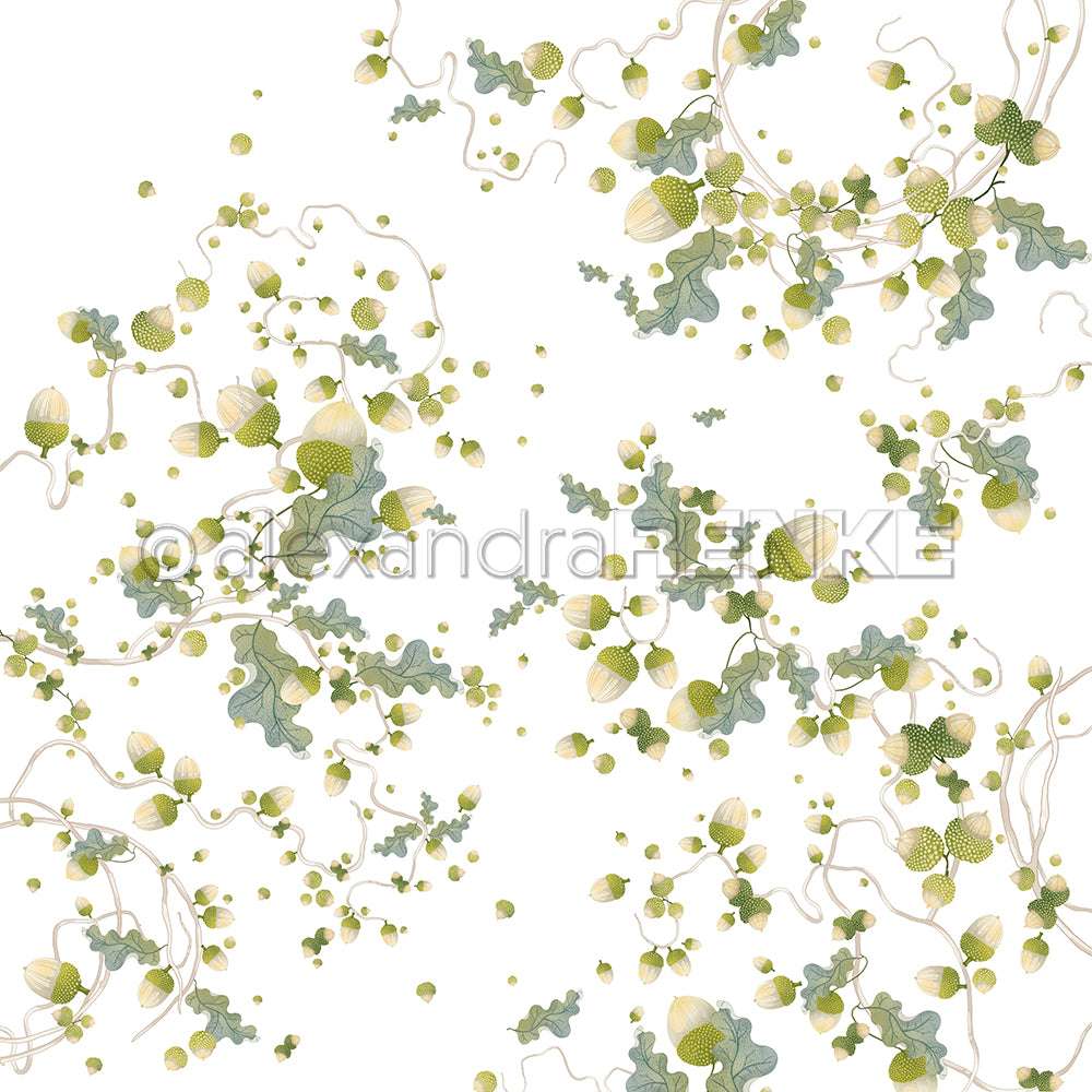 Grünes und gelbes botanisches Muster mit Ranken, Blättern und Samenkapseln auf Weiß - perfekt für Papierprojekte oder um Ihrer Buchbinderei einen natürlichen Touch zu verleihen. Von Alexandra Renke.