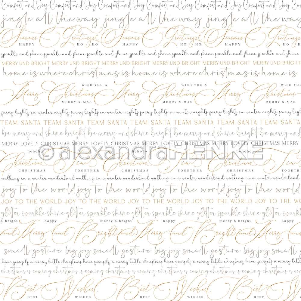 Weißer Hintergrund mit festlichen Worten und Sprüchen in goldener, grauer und hellbrauner Schrift und druckfertigem Designpapier von Alexandra Renke für Buchbinderei- oder Papierprojekte.