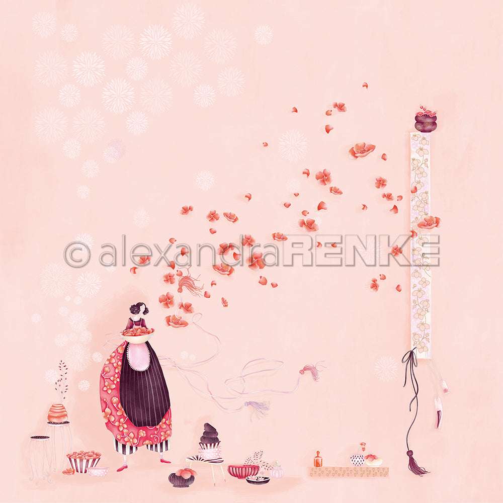 Eine skurrile Teeparty-Szene mit Blumen und Gebäck auf einem zartrosa Hintergrund von Alexandra Renke - ideal für Papierprojekte oder die Gestaltung von charmantem Designpapier.