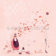 Eine skurrile Teeparty-Szene mit Blumen und Gebäck auf einem zartrosa Hintergrund von Alexandra Renke - ideal für Papierprojekte oder die Gestaltung von charmantem Designpapier.