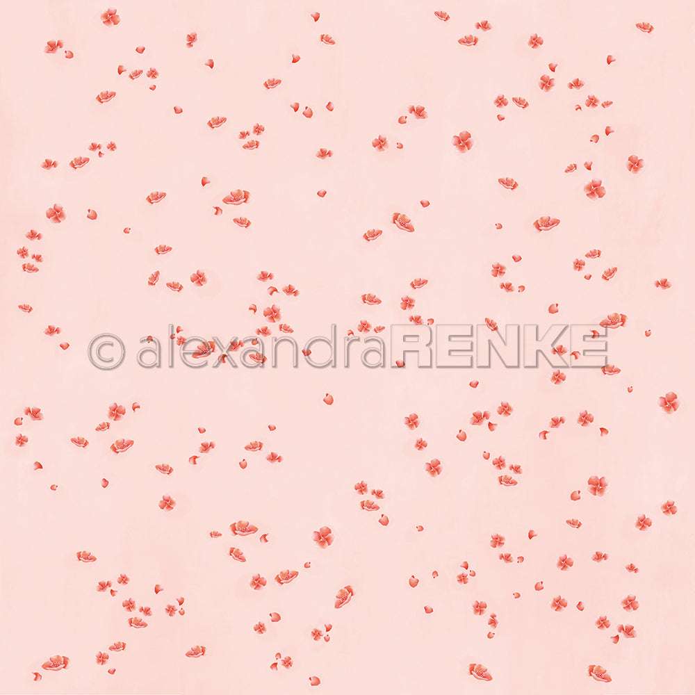 Zartes, hellrosafarbenes Designpapier von Alexandra Renke mit verstreuten kleinen roten Blütenblättern und Blüten - ideal für Buchbinderei oder Papierprojekte.