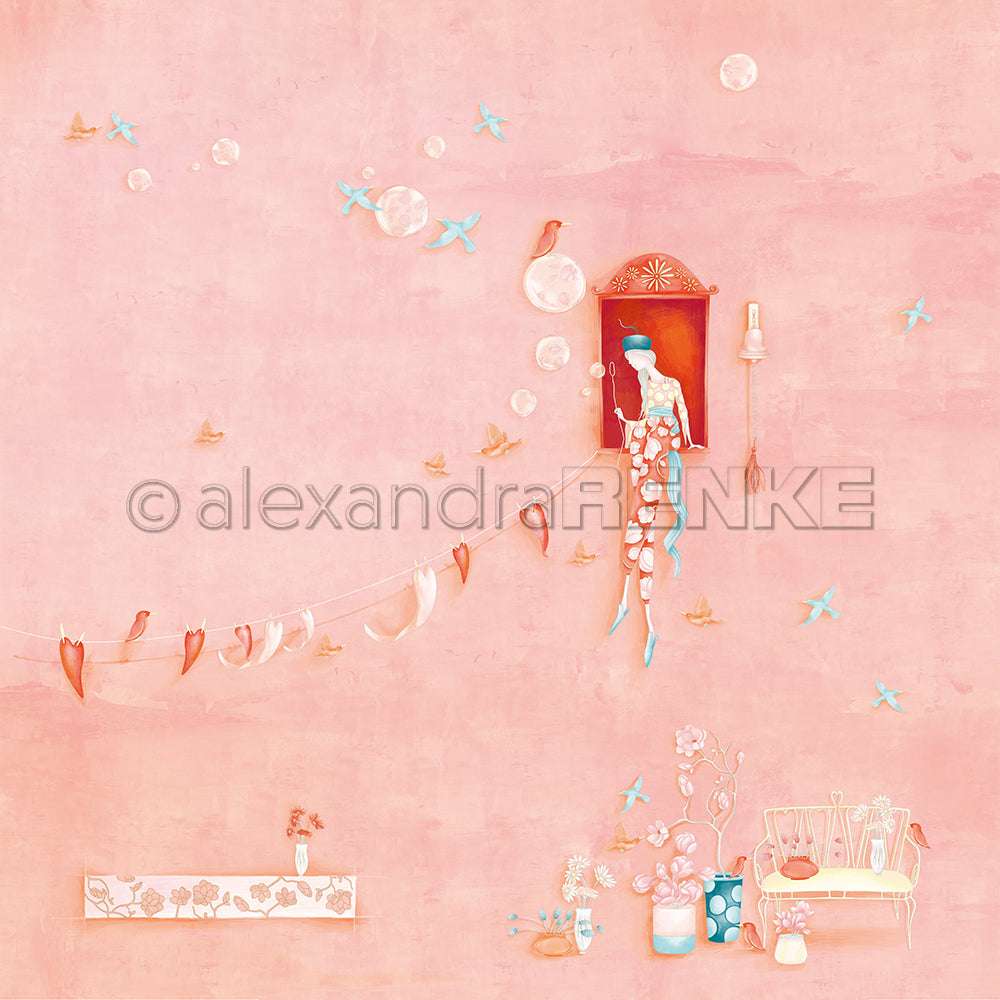 Eine Frau lehnt sich aus einem rosafarbenen Wandfenster, umgeben von Vögeln, Seifenblasen, Blumen und einer Bank - perfekt, um Grußkarten oder Papierprojekte mit Ihrem Lieblingsdesignpapier von Alexandra Renke zu inspirieren.