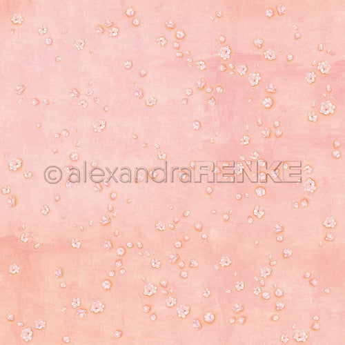 Rosa Hintergrund mit verstreuten kleinen Kirschblüten und Blütenblättern, ideales Alexandra Renke Designpapier für die Kartengestaltung oder andere Papierarbeiten.