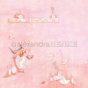 Eine skurrile rosafarbene Szene mit einer Frau, die eine Waage hält, Vasen, Vögel und dekorative Details - die perfekte Inspiration für Alexandra Renke Designpapier und einzigartige Papierprojekte.