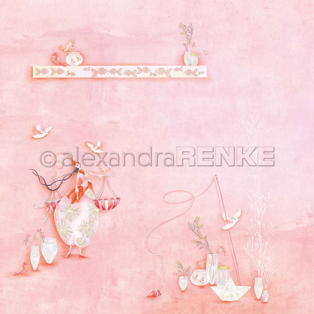 Eine skurrile rosafarbene Szene mit einer Frau, die eine Waage hält, Vasen, Vögel und dekorative Details - die perfekte Inspiration für Alexandra Renke Designpapier und einzigartige Papierprojekte.