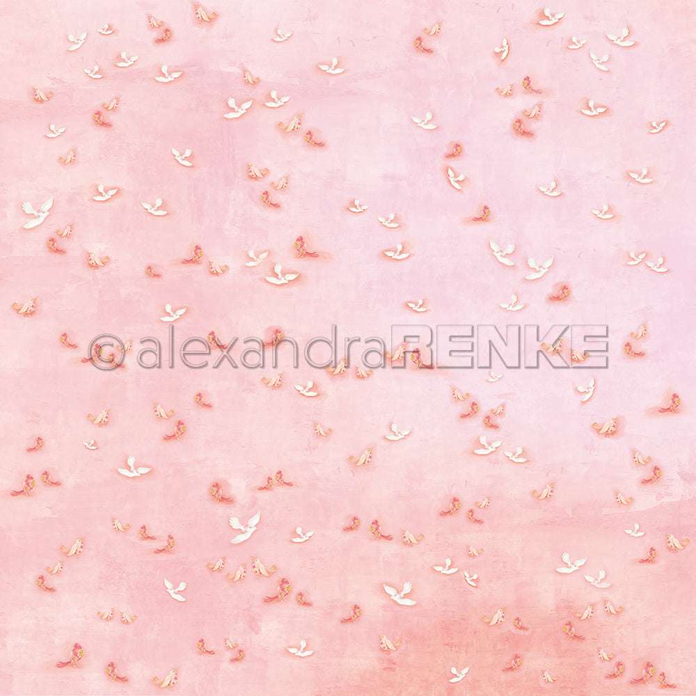 Rosa Hintergrund mit verstreuten kleinen weißen und pfirsichfarbenen Vögeln im Flug - ein ideales Alexandra Renke Designpapier für Karten oder Papierprojekte.