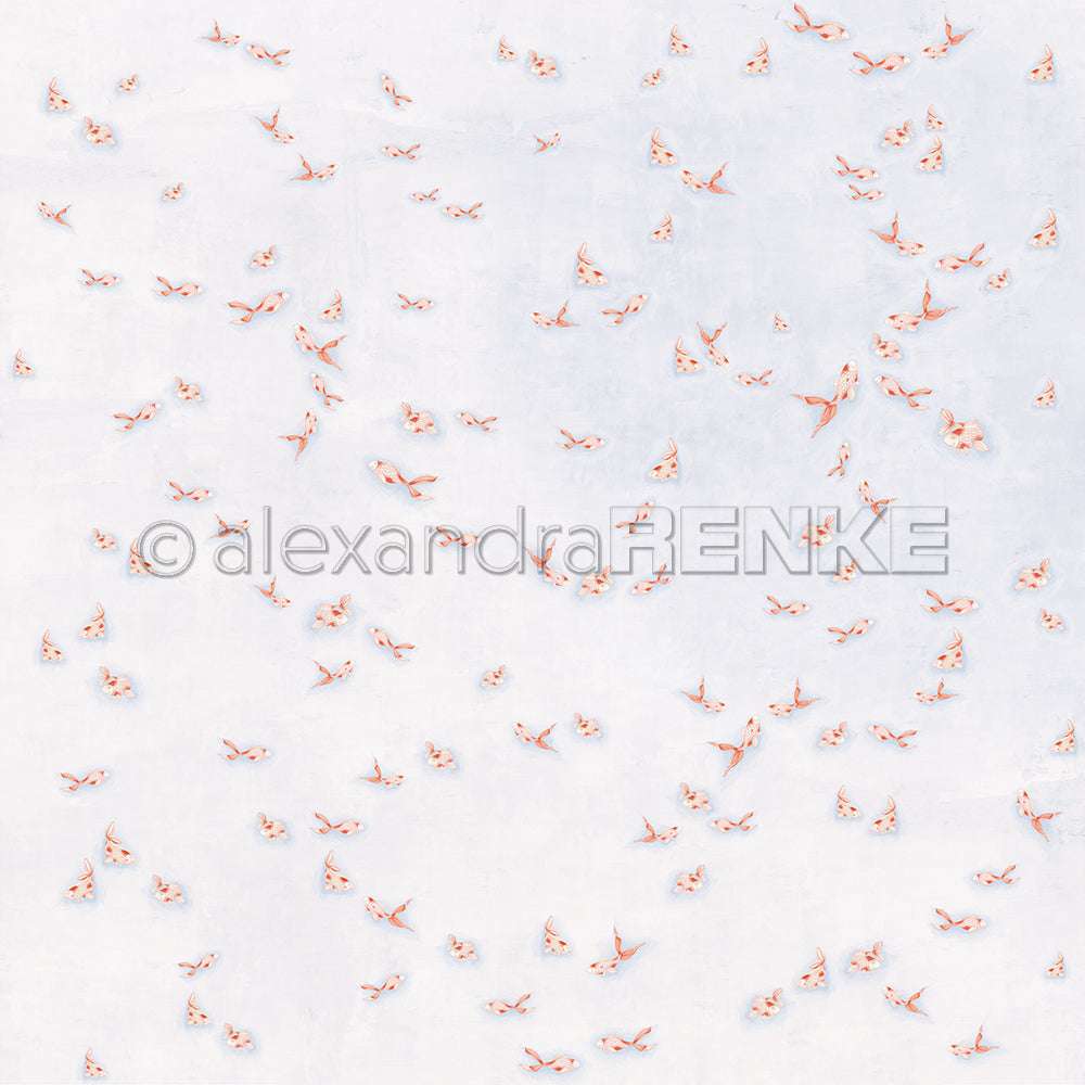 Kleine, zarte orange-weiße Schmetterlinge auf zartem, blassem Hintergrund - ideal von Alexandra Renke für Papierprojekte oder als elegantes Designpapier für die Buchbinderei.