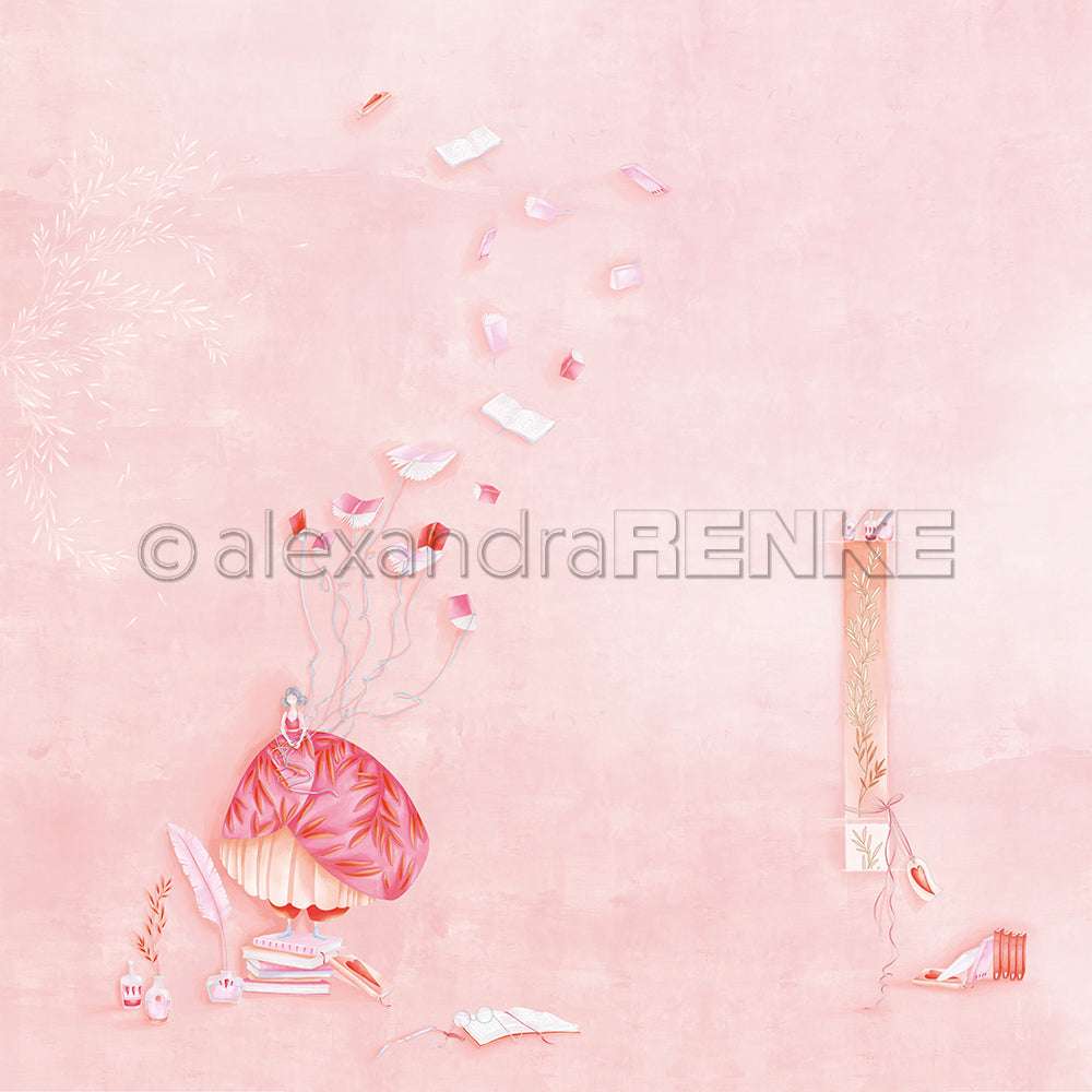 Eine Frau in einem fließenden rosafarbenen Kleid sitzt auf Büchern, während Papiere und Blütenblätter nach oben schweben. Sie spiegeln Alexandra Renkes Kunstfertigkeit wider und inspirieren zu verträumten Papierprojekten vor einem zartrosa Hintergrund.