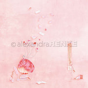 Eine Frau in einem fließenden rosafarbenen Kleid sitzt auf Büchern, während Papiere und Blütenblätter nach oben schweben. Sie spiegeln Alexandra Renkes Kunstfertigkeit wider und inspirieren zu verträumten Papierprojekten vor einem zartrosa Hintergrund.