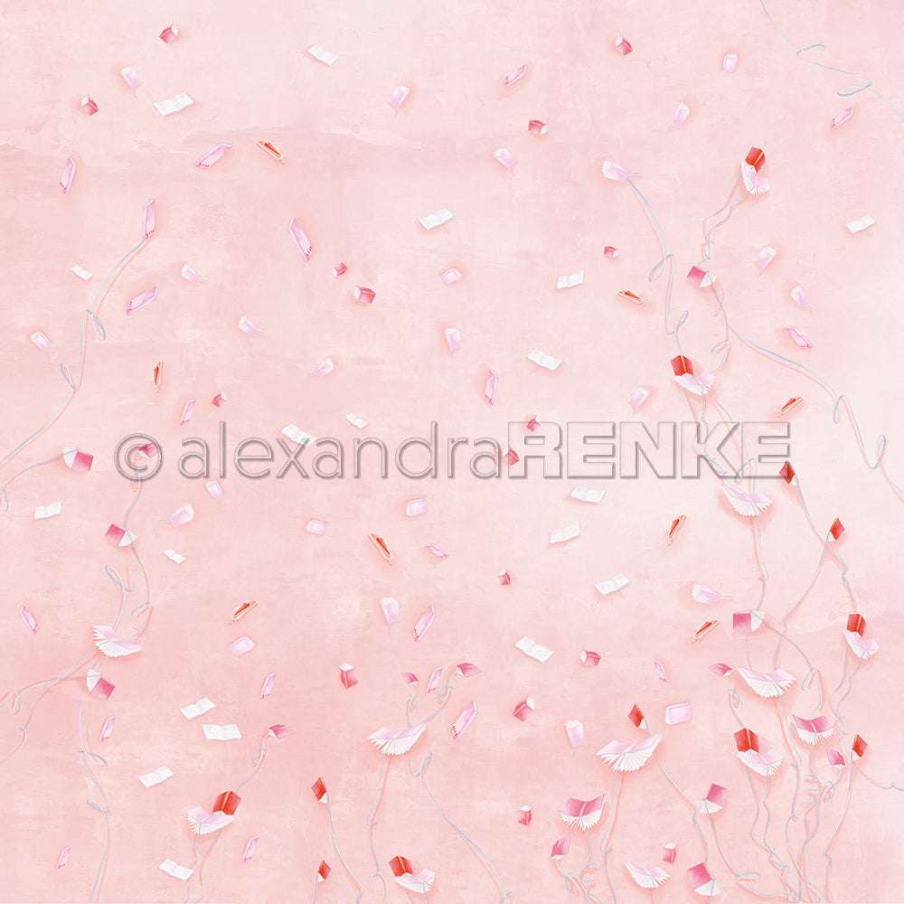 Ein hellrosa Hintergrund mit verstreutem rosa, weißen und roten Konfetti, zarten Blumenelementen und Alexandra Renke Designpapier - perfekt für Papierprojekte oder kreative Buchbinderei.