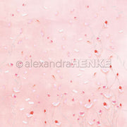 Ein hellrosa Hintergrund mit verstreutem rosa, weißen und roten Konfetti, zarten Blumenelementen und Alexandra Renke Designpapier - perfekt für Papierprojekte oder kreative Buchbinderei.