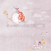 Zwei Alexandra Renke-Kleider mit schwebenden Blumen und Wolken hängen über stilisierten Blüten, Tassen und Büchern auf einem pastellfarbenen Hintergrund - eine ideale Inspiration für Designpapier oder Papierprojekte in Ihren Kollektionen.