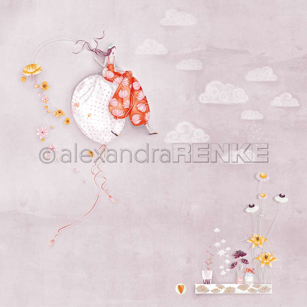 Zwei Alexandra Renke-Kleider mit schwebenden Blumen und Wolken hängen über stilisierten Blüten, Tassen und Büchern auf einem pastellfarbenen Hintergrund - eine ideale Inspiration für Designpapier oder Papierprojekte in Ihren Kollektionen.