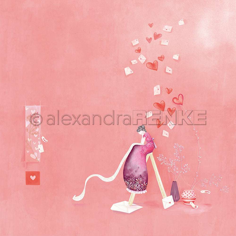 Eine Frau mit langem Schal steht zwischen Herzen, Blumen und fliegenden Liebesbriefen auf rosa Hintergrund - ideal für Designpapier oder kreative Papierprojekte und Buchbinderei von Alexandra Renke.