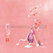 Eine Frau mit langem Schal steht zwischen Herzen, Blumen und fliegenden Liebesbriefen auf rosa Hintergrund - ideal für Designpapier oder kreative Papierprojekte und Buchbinderei von Alexandra Renke.