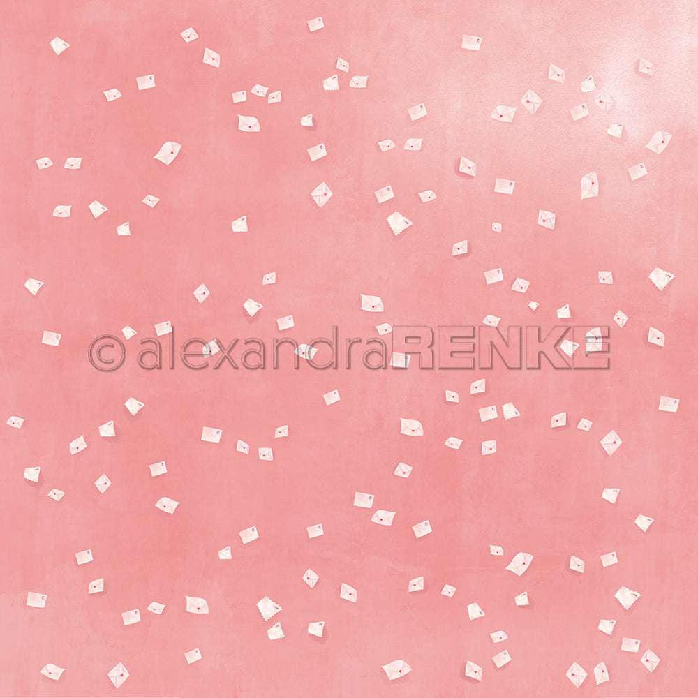 Verstreute kleine weiße Briefumschläge von Alexandra Renke auf einem strukturierten rosa Hintergrund - ideal für Buchbinderei oder einzigartige Papierprojekte.