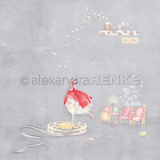 In diesem Design von Alexandra Renke tanzt eine Frau in einem roten Kleid auf einer Filmrolle, während in der Nähe alte Stühle, Popcorn und Grußkarten vor einem grauen Hintergrund schweben.