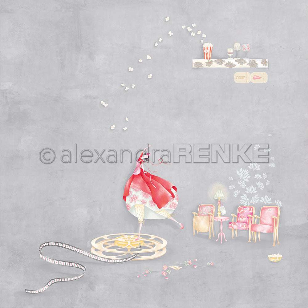 In diesem Design von Alexandra Renke tanzt eine Frau in einem roten Kleid auf einer Filmrolle, während in der Nähe alte Stühle, Popcorn und Grußkarten vor einem grauen Hintergrund schweben.