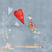 Eine skurrile Figur in einem Kleid malt ein rotes Herz auf Blau, mit schwebenden Herzen - ideal für Alexandra Renke Designpapier oder einzigartige Papierprojekte wie Grußkarten.