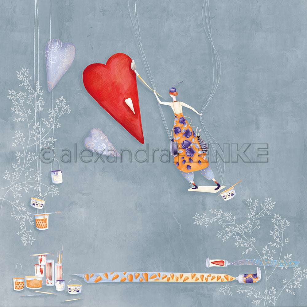 Eine skurrile Figur in einem Kleid malt ein rotes Herz auf Blau, mit schwebenden Herzen - ideal für Alexandra Renke Designpapier oder einzigartige Papierprojekte wie Grußkarten.