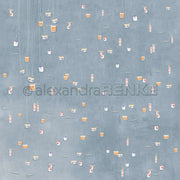 Kleine illustrierte Laternen und Lichter baumeln und schweben auf einem strukturierten blaugrauen Hintergrund von Alexandra Renke, perfekt für Papierprojekte oder um Ihrer nächsten Designpapierkreation Charme zu verleihen.