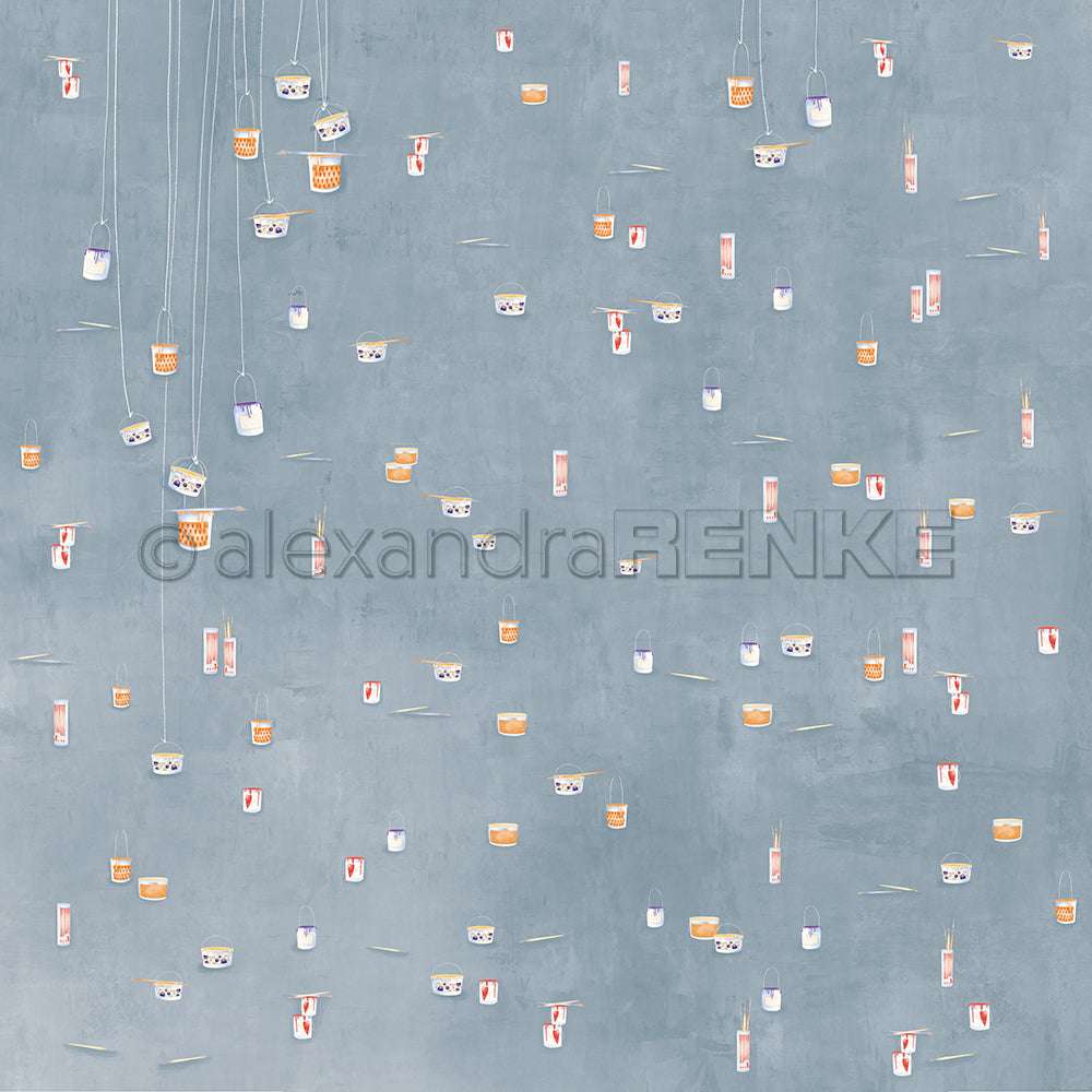 Kleine illustrierte Laternen und Lichter baumeln und schweben auf einem strukturierten blaugrauen Hintergrund von Alexandra Renke, perfekt für Papierprojekte oder um Ihrer nächsten Designpapierkreation Charme zu verleihen.