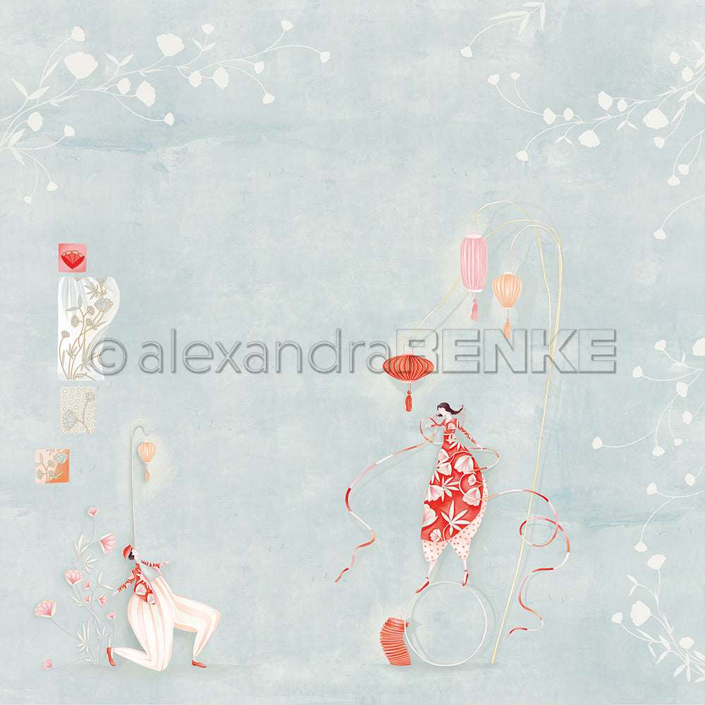 Zwei skurrile Figuren mit Laternen und floralen Mustern erhellen dieses Alexandra Renke Designpapier mit hellblauem Hintergrund und zarten weißen Ästen - ideal für Buchbinderei oder schöne Papierprojekte.