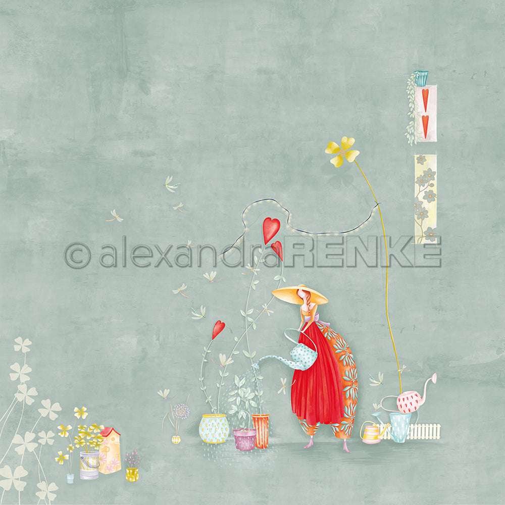 Eine Frau in Rot gießt herzförmige Pflanzen in dekorativen Töpfen auf zartgrünem Hintergrund - eine ideale Inspiration von Alexandra Renke für Designpapier oder Papierprojekte wie Grußkarten.