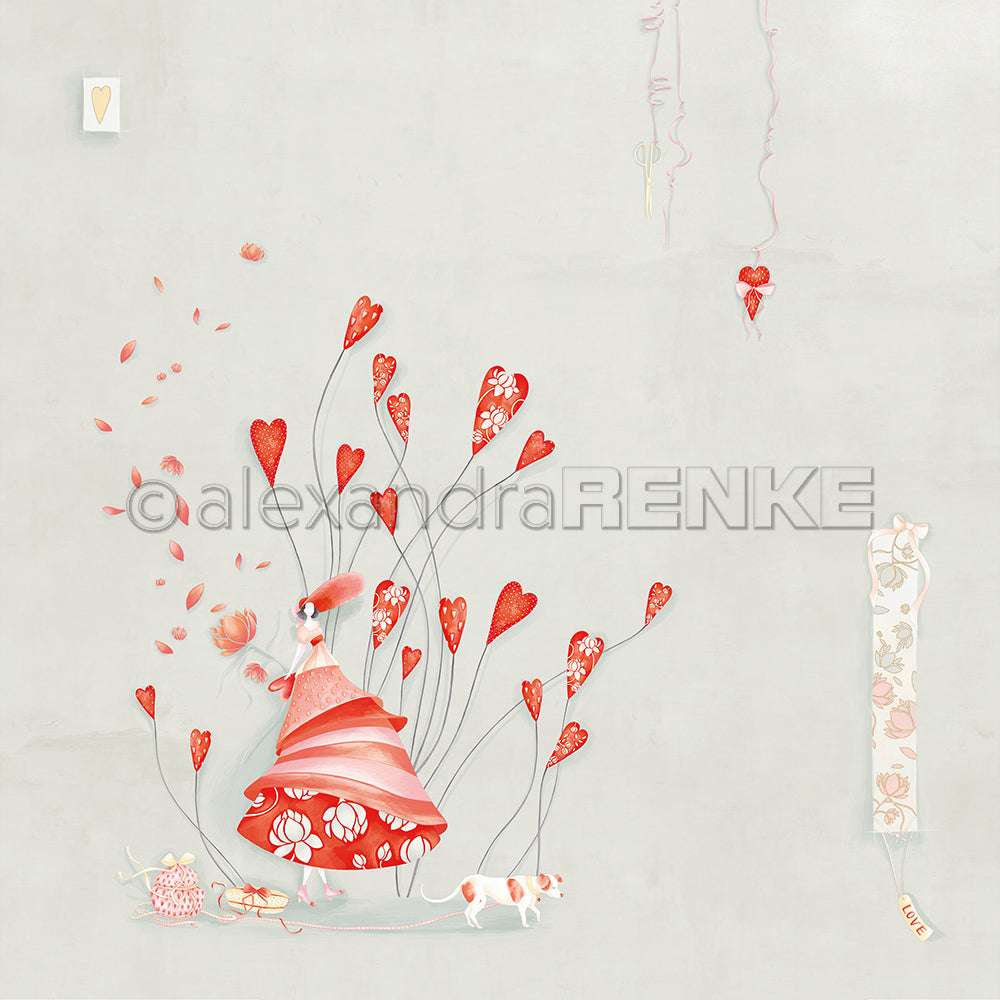 Eine Frau in einem roten Kleid steht mit einer Katze zwischen herzförmigen Blumen auf hellem Hintergrund - ideal für Alexandra Renke Papierprojekte oder charmante Grußkarten.