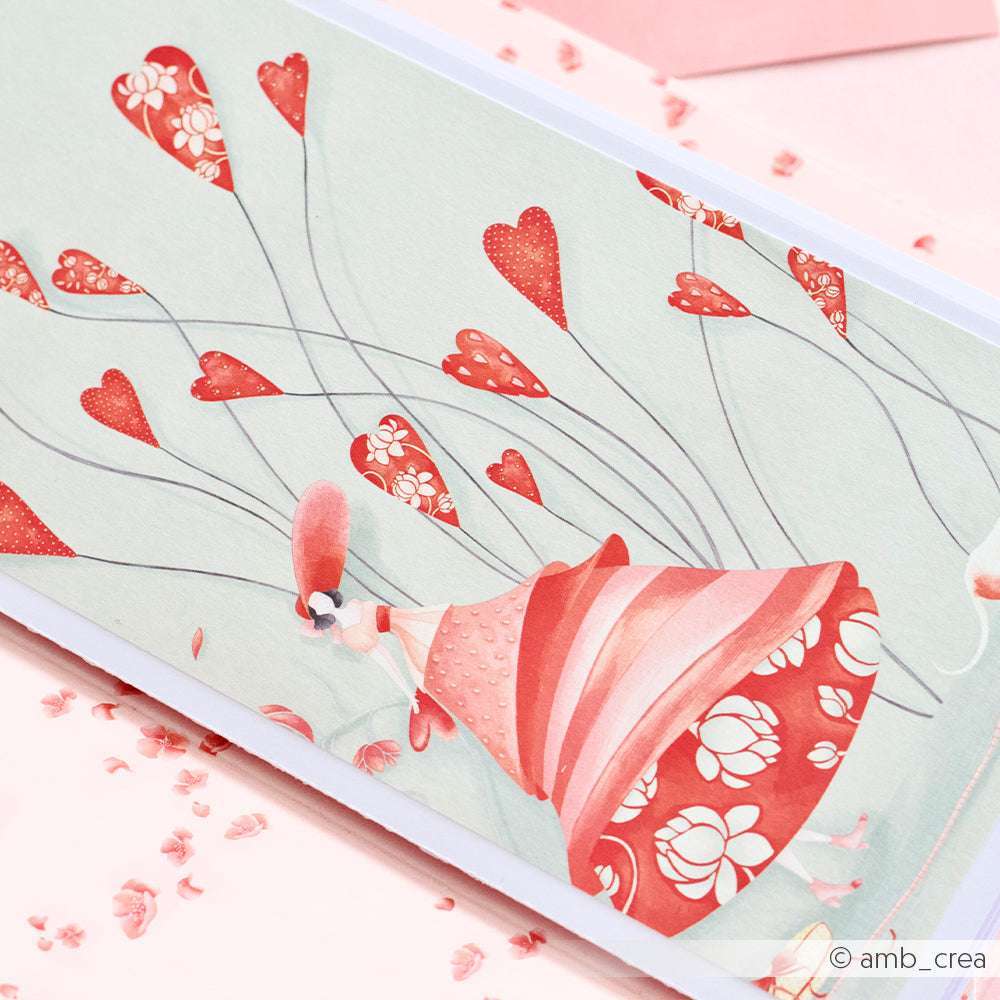 Bezaubernde Illustration eines Mädchens in einem roten Kleid mit Herzluftballons, perfekt zur Inspiration von Papierprojekten oder zur Aufwertung Ihres nächsten Designpapier-Projekts von Alexandra Renke.