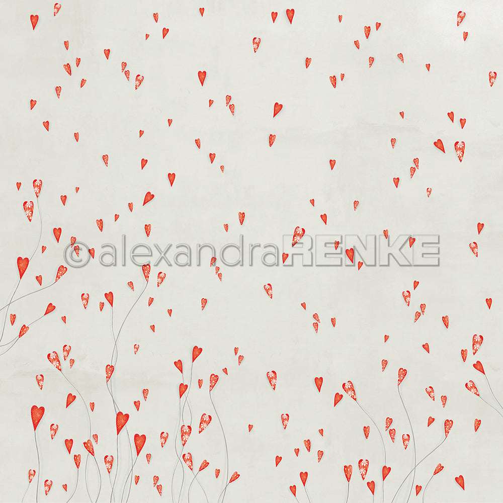 Die roten, herzförmigen Blütenblätter von Alexandra Renke, die sich ideal für Papierprojekte oder Grußkarten eignen, schweben auf einem weißen Hintergrund mit zarten Stängeln am unteren Ende nach oben.