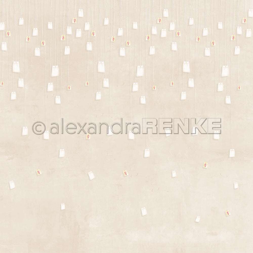 Dutzende von Teebeuteln hängen an Schnüren vor einem hellbeigen, strukturierten Hintergrund und schaffen eine gemütliche Szene, die perfekt für Papierprojekte oder Grußkarten mit dem einzigartigen Stil von Alexandra Renke ist.