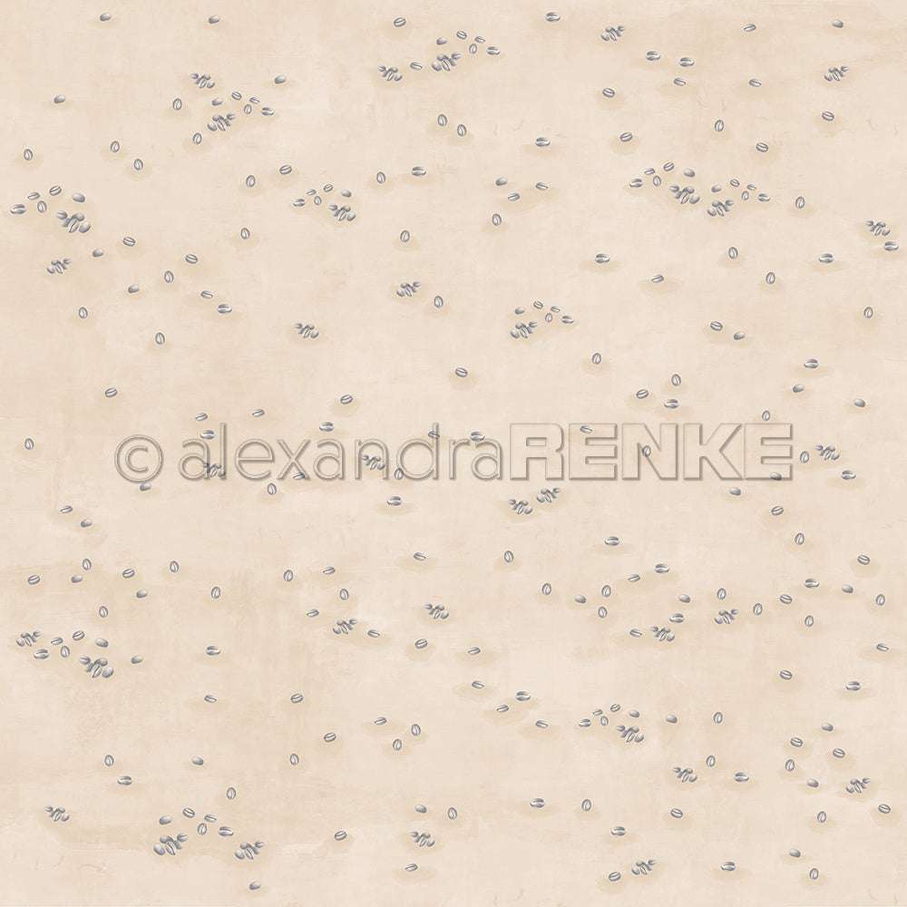Beigefarbener Hintergrund mit kleinen grauen und blauen Kaffeebohnen; Alexandra Renke-Wasserzeichen in der Mitte. Perfektes Designpapier für die Buchbinderei oder kreative Papierprojekte.