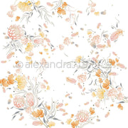 Zartes oranges, gelbes und rosafarbenes Blumenmuster mit Blättern und verstreuten Blütenblättern auf weißem, idealem Designpapier für Buchbinderei oder Papierprojekte von Alexandra Renke.