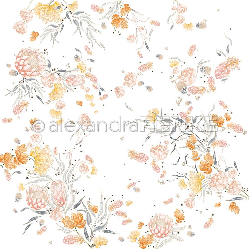 Zartes oranges, gelbes und rosafarbenes Blumenmuster mit Blättern und verstreuten Blütenblättern auf weißem, idealem Designpapier für Buchbinderei oder Papierprojekte von Alexandra Renke.