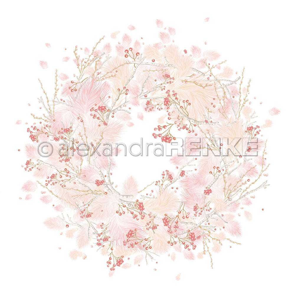 Zarter pastellfarbener Kranz von Alexandra Renke mit rosa Beeren, leichtem Blattwerk und gefiederten Akzenten auf weißem Untergrund - ideales Designpapier für charmante Papierprojekte wie Grußkarten.