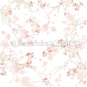 Zarte rosa Zweige, Beeren und Federn sind in einem nahtlosen Muster von Alexandra Renke auf weißem Hintergrund verstreut - ideal für Designpapier oder Papierprojekte wie Grußkarten.