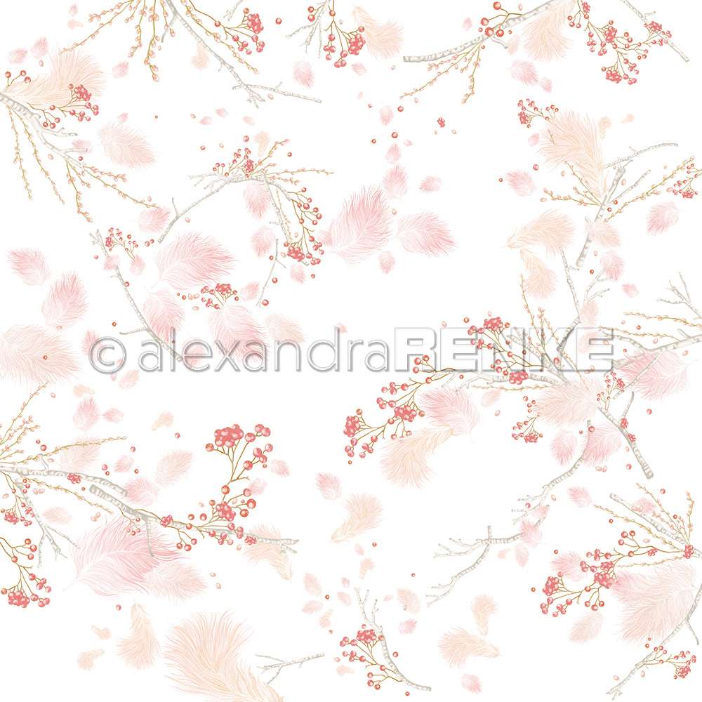 Zarte rosa Zweige, Beeren und Federn sind in einem nahtlosen Muster von Alexandra Renke auf weißem Hintergrund verstreut - ideal für Designpapier oder Papierprojekte wie Grußkarten.