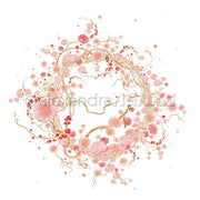 Ein kreisförmiger Kranz aus rosa und goldenen Blumen mit wirbelnden Ranken auf weißem Designpapier von Alexandra Renke - ideal für Grußkarten und kreative Buchbinderei-Projekte.