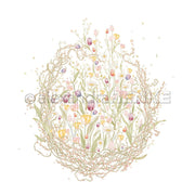 Zarte pastellfarbene Wildblumen und Ranken bilden einen ovalen Kranz auf weißem Hintergrund von Alexandra Renke - perfekt für Grußkarten oder Papierprojekte.