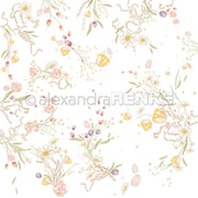 Zartes pastellfarbenes Blumenmuster mit verschiedenen Blüten und Blättern auf weißem Hintergrund - perfektes Designpapier von Alexandra Renke für Papierprojekte oder handgefertigte Grußkarten.