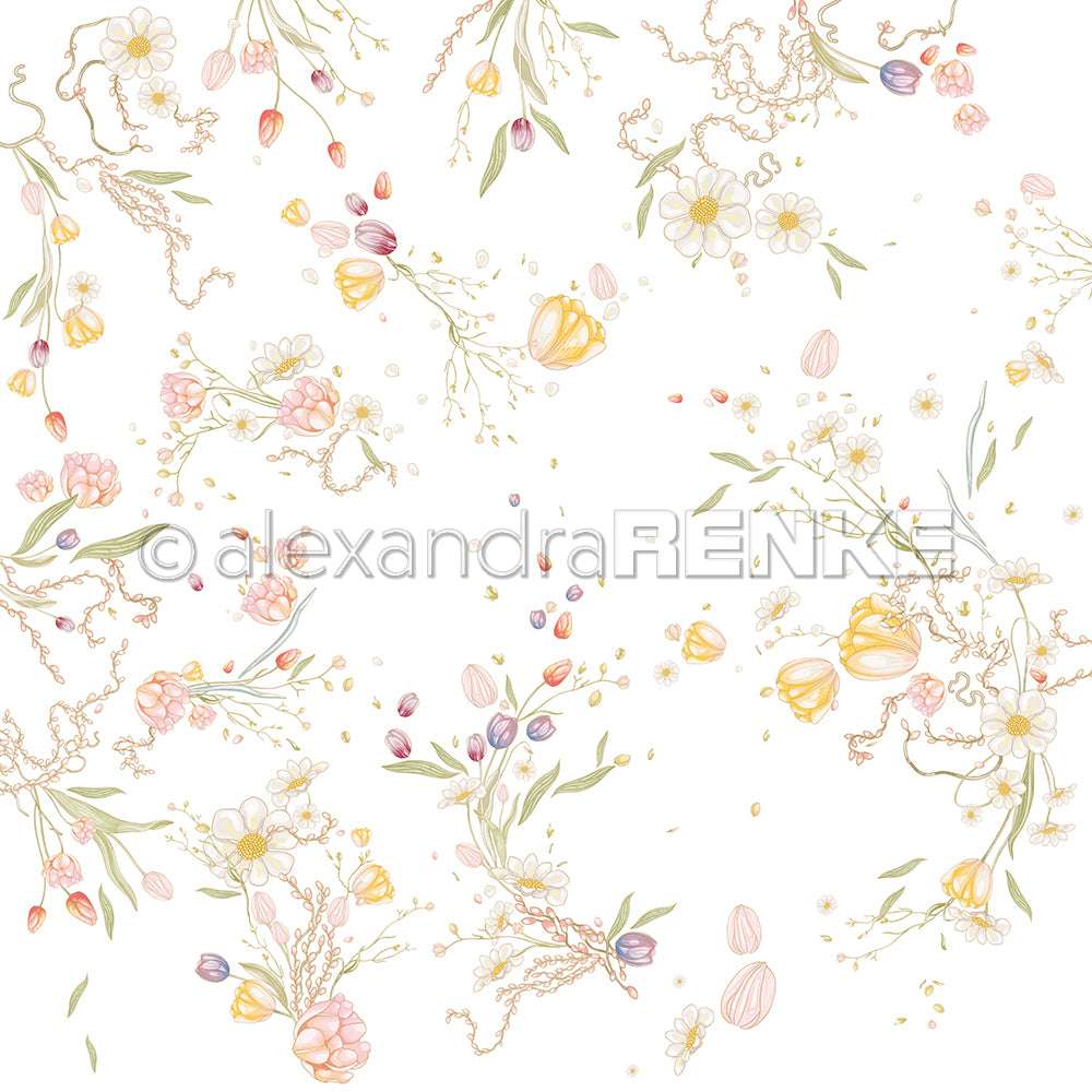 Zartes pastellfarbenes Blumenmuster mit verschiedenen Blüten und Blättern auf weißem Hintergrund - perfektes Designpapier von Alexandra Renke für Papierprojekte oder handgefertigte Grußkarten.