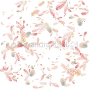 Verstreute rosa und beige Federn, Tannenzapfen und kleine Blätter auf Weiß - dieses Designpapier von Alexandra Renke ist perfekt für Papierprojekte wie Grußkarten.