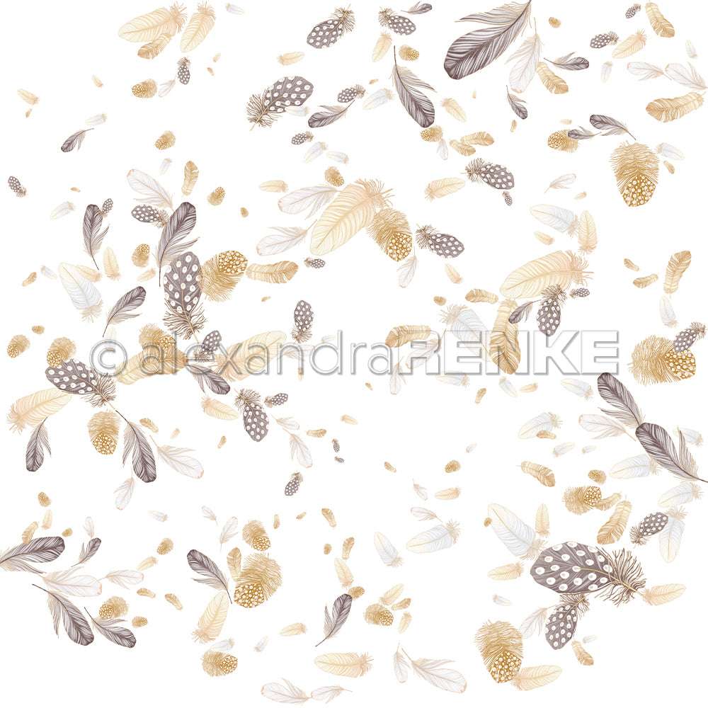 Zarte beige und braune Streufedern und Tannenzapfen auf weißem Designpapier von Alexandra Renke-ideal für Buchbinderei oder Papierprojekte.