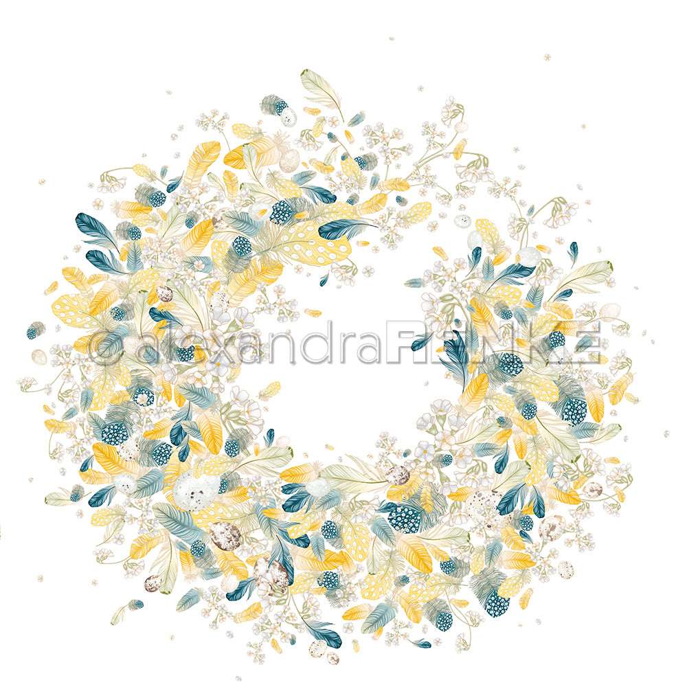 Ein zarter Blumenkranz mit gelben, blauen und grünen Blättern und Blüten ziert dieses Alexandra Renke Designpapier, perfekt für Papierprojekte oder Buchbinderei auf weißem Hintergrund.