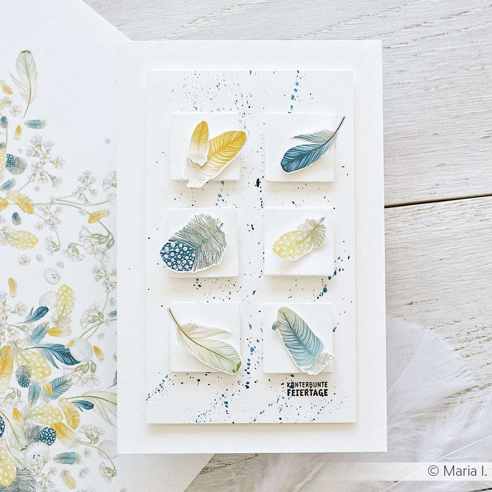 Handgefertigte Karte von Alexandra Renke mit sechs quadratischen Feldern, die jeweils eine bunte Blatt- oder Federillustration auf weißem Hintergrund zeigen - perfekt für Liebhaber von Designpapier und einzigartigen Papierprojekten.