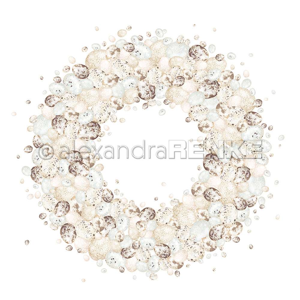 Der neutral gefärbte, gesprenkelte Eierkranz von Alexandra Renke, kreisförmig auf weißem Untergrund angeordnet - ideal für Papierprojekte oder zur Verschönerung Ihrer Buchbinderei-Kreationen.