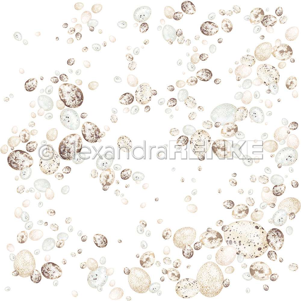 Verstreute braun-weiß gesprenkelte Eier von Alexandra Renke auf weißem Hintergrund. Perfekt, um Papierprojekte zu inspirieren oder Ihrer nächsten Designpapier-Kollektion Charme zu verleihen.